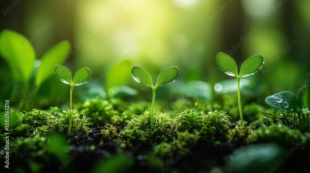 Vibrant green sprouts emerging from moss, symbolizing growth and new beginnings in a tranquil forest setting. Vibrant green sprouts emerging from moss, symbolizing growth and new beginnings in a tranquil forest setting.
