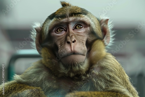 Closeup portrait of a macaque monkey, displaying its expressive eyes and fur. photo