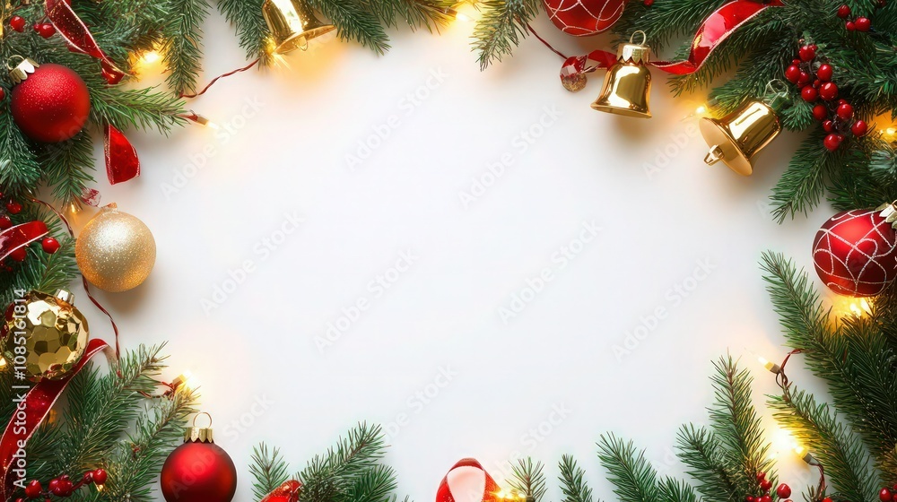 A festive Christmas frame featuring green spruce branches arranged around the edges, decorated with red and gold ornaments, bells, and ribbons. New Year lights softly twinkle on a white background. A festive Christmas frame featuring green spruce branches arranged around the edges, decorated with red and gold ornaments, bells, and ribbons. New Year lights softly twinkle on a white background.