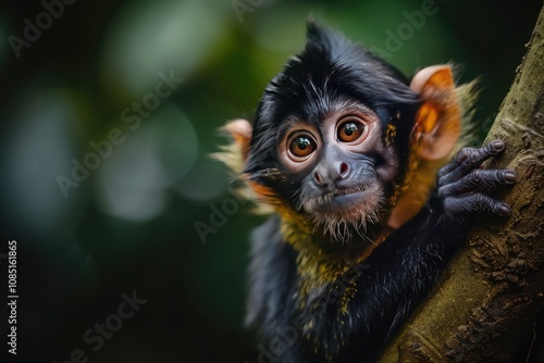 Adorable blackfurred monkey with orange ears clinging to a tree branch. photo