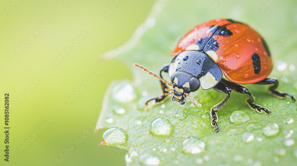 Obraz premium A vibrant ladybug resting on a dewy green leaf, showcasing nature's beauty and intricate details in a serene environment.