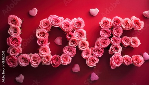 Creative Valentine's Day Banner Featuring the Word LOVE Formed with Pink Roses on a Bold Red Background, Perfect for Romantic Greeting Cards, Social Media Posts, or Love Themed Marketing Campaigns