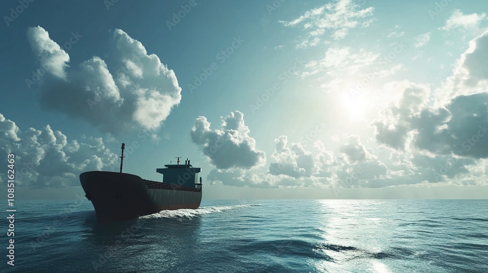 Fototapeta premium Serene Ocean Scene with Ship Silhouetted Against the Horizon and Dramatic Cloudy Sky in a Tranquil Seascape