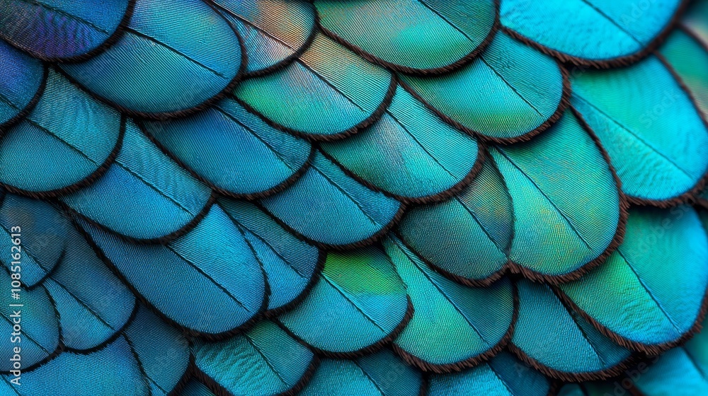 Fototapeta premium Close-up view of vibrant blue feathers creating a mesmerizing and colorful pattern, showcasing nature's intricate design.