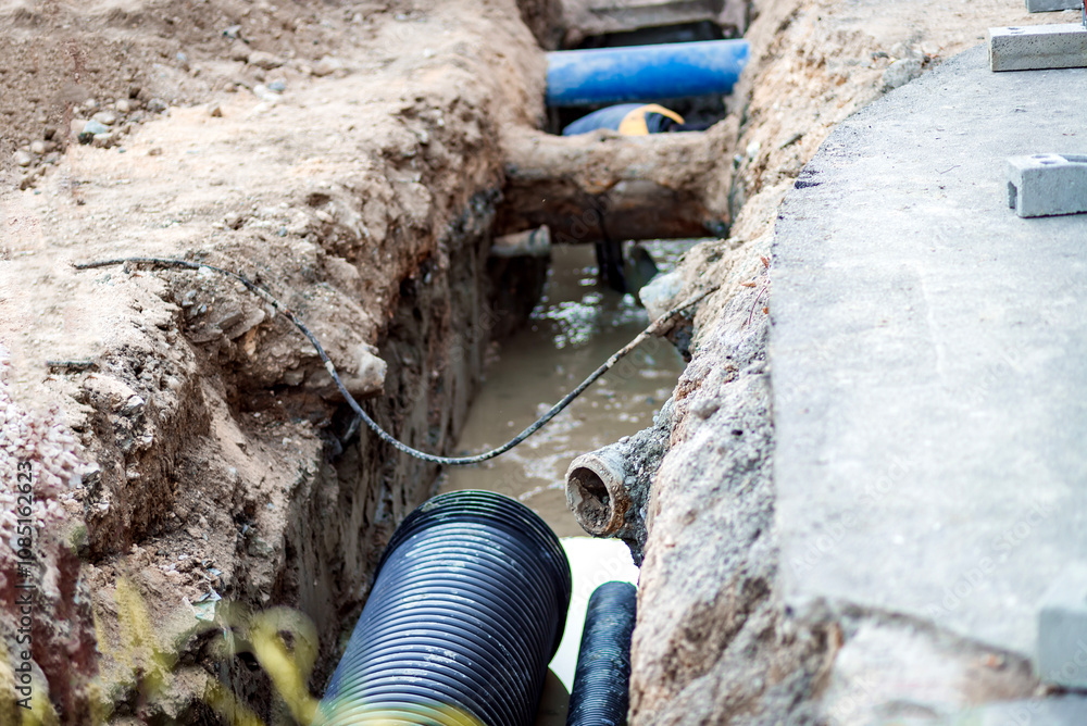 A trench at a construction site with black drainage pipes and a blue ...