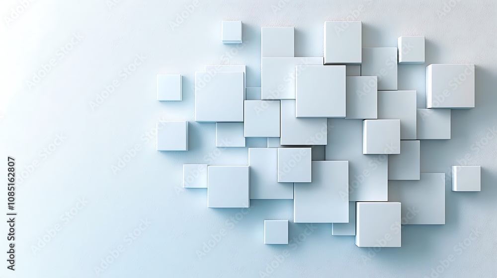 Obraz premium The white background features a series of raised squares in a 3D style, creating a visually striking and modern geometric pattern.