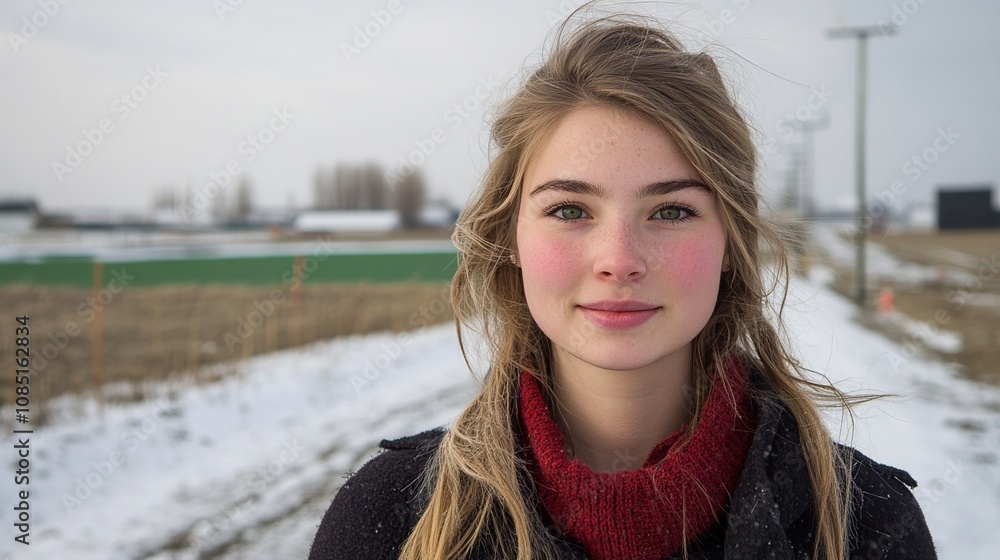 A young woman stands outdoors in winter, with a snowy landscape in the background. A young woman stands outdoors in winter, with a snowy landscape in the background.