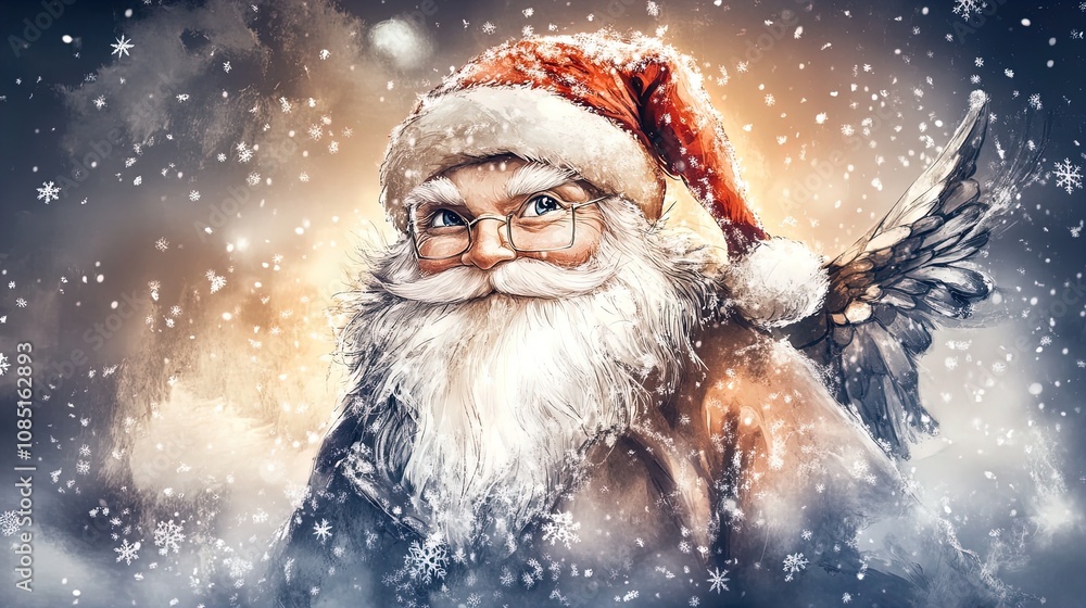 Cheerful Santa Claus Close-Up: Perfect for Holiday Posters, Featuring Snow-Dusted Red Hat & Coat, Full White Beard, and a Magical Christmas Atmosphere on a Dark, Snowy Background. Cheerful Santa Claus Close-Up: Perfect for Holiday Posters, Featuring Snow-Dusted Red Hat & Coat, Full White Beard, and a Magical Christmas Atmosphere on a Dark, Snowy Background.