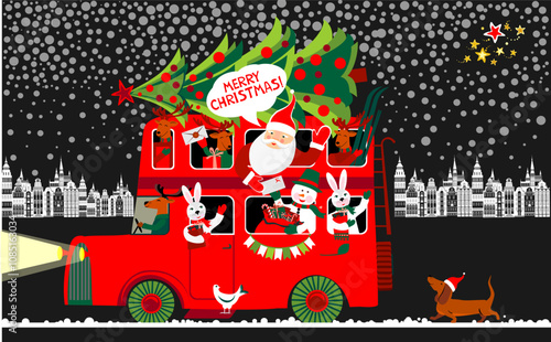 Merry Christmas Vintage card with Santa Claus. Cute deer, Santa Claus deliver gifts by bus. Colorful playful cartoon. Father Santa and reindeer. Vector winter holiday greeting card. Banner background