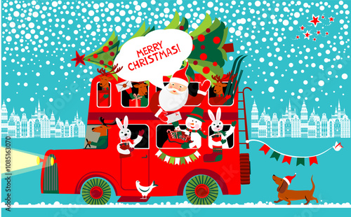 Happy holiday poster. Cute deer, Santa Claus deliver gifts by bus. Colorful playful cartoon. Father Santa and reindeer. Vector winter holiday greeting card. Design idea Christmas fun banner background