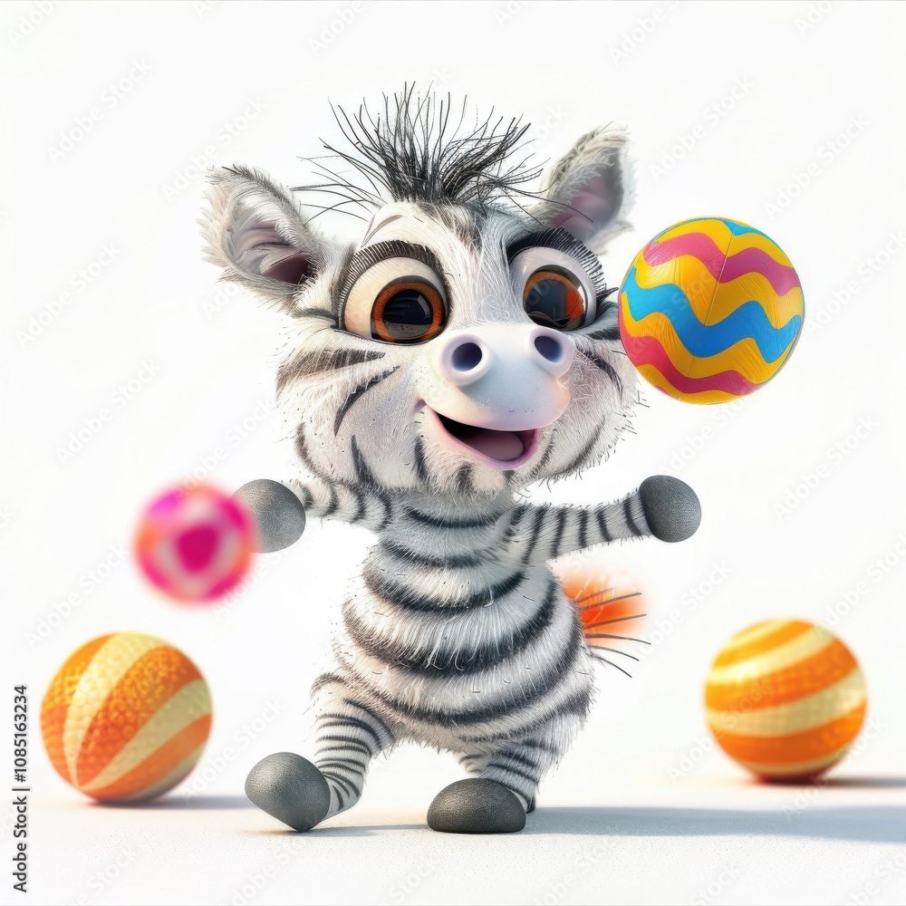 A playful zebra juggles colorful balls, showing off its charming personality in a fun setting A playful zebra juggles colorful balls, showing off its charming personality in a fun setting