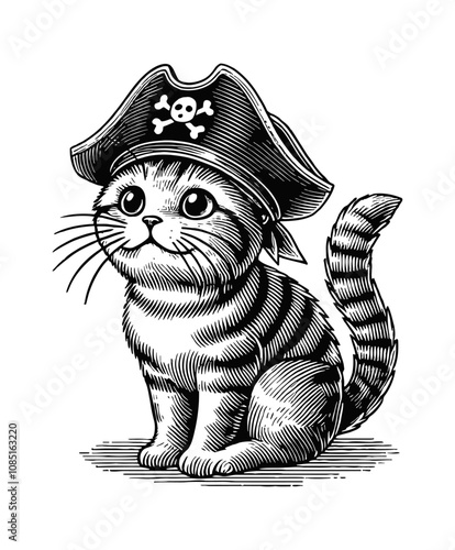 cute cat wearing a pirate hat engraving black and white outline