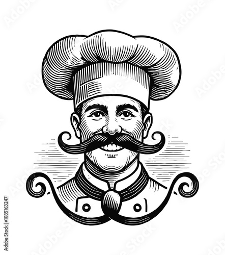 smiling beard chef italy engraving black and white outline