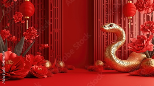 Chinese New Year 2025: Year of the Snake festive background featuring traditional red and gold elements, a stylized snake design, lanterns, and intricate patterns