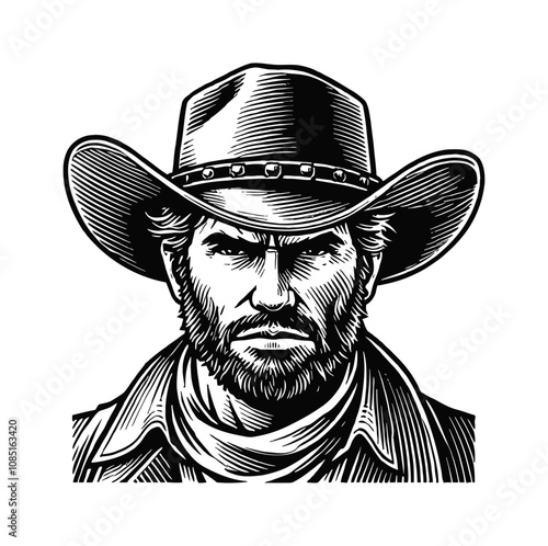 cowboy portrait engraving black and white outline
