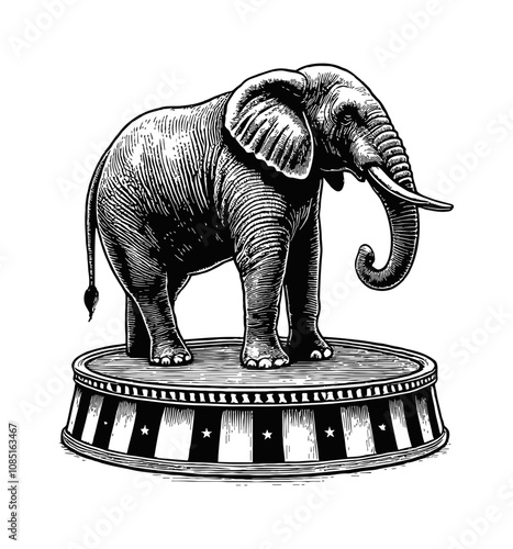 elephant standing on a circus platform engraving black and white outline