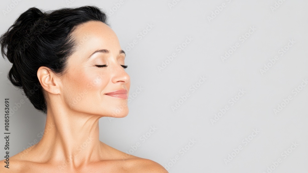 A serene woman with dark hair and closed eyes in a minimalistic setting, radiating calm, relaxation, and self-care. A serene woman with dark hair and closed eyes in a minimalistic setting, radiating calm, relaxation, and self-care.