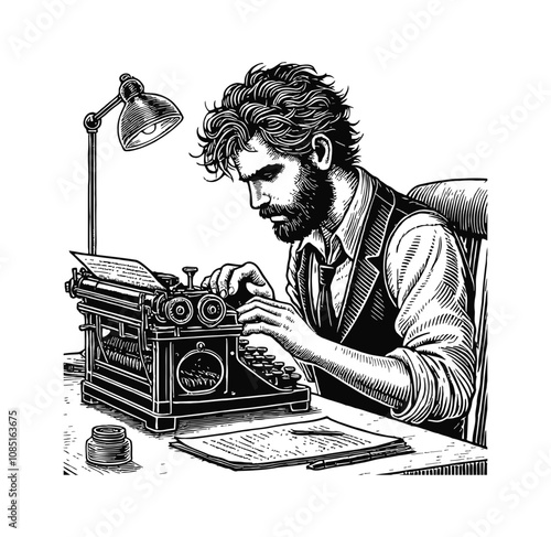 man sitting at a desk, typing on a typewriter engraving black and white outline