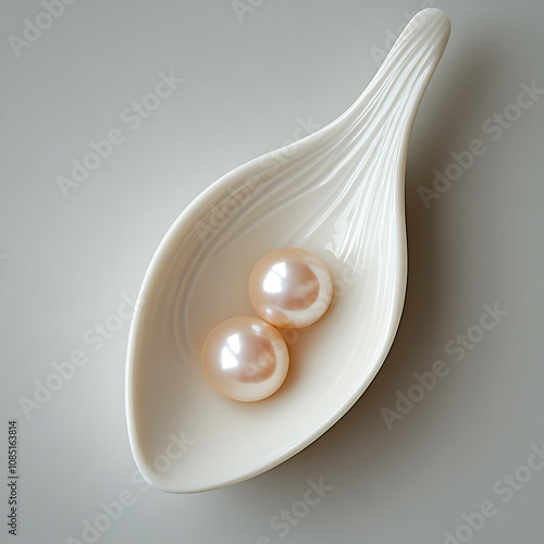 Elegant white spoon holding two beautiful abstract pearls, showcasing minimalist design. soft colors and smooth textures create serene and sophisticated atmosphere