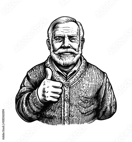 grandpa show thumb up engraving black and white outline