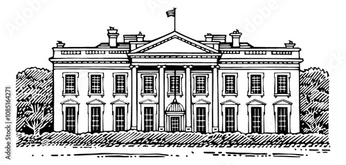 white house engraving black and white outline