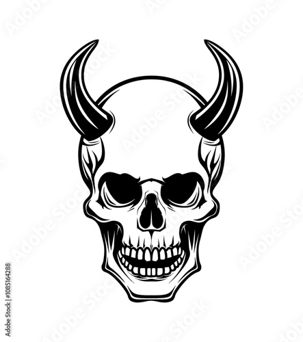 skull horn engraving black and white outline