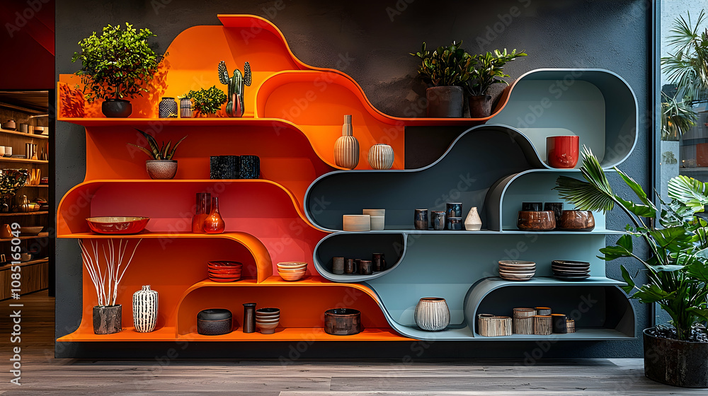 Fototapeta premium Orange and Blue Curved Shelves with Home Decor Realistic Image