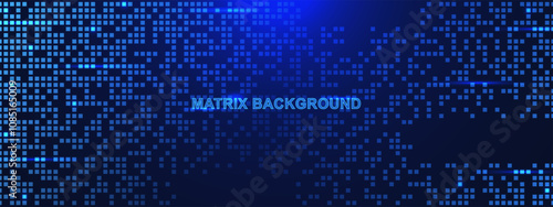 Futuristic computer matrix with glowing particles. Big data, corrupted code and digital technology concept background
