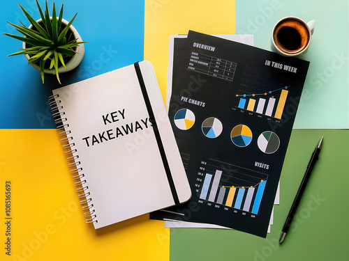 Colorful background, notebook with key insight, coffee, plant