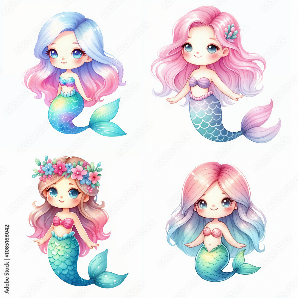 Cute cartoon mermaid set on white background. AI Cute cartoon mermaid set on white background. AI