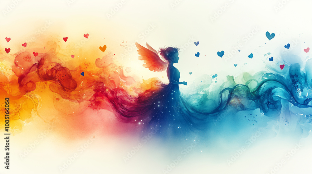 Obraz premium Vibrant watercolor silhouette of an angel with colorful flowing wings and hearts, symbolizing love, creativity, and divine energy