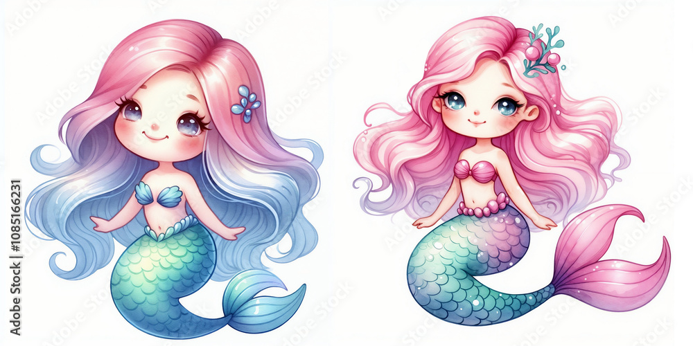Obraz premium Cute cartoon mermaid set on white background. AI