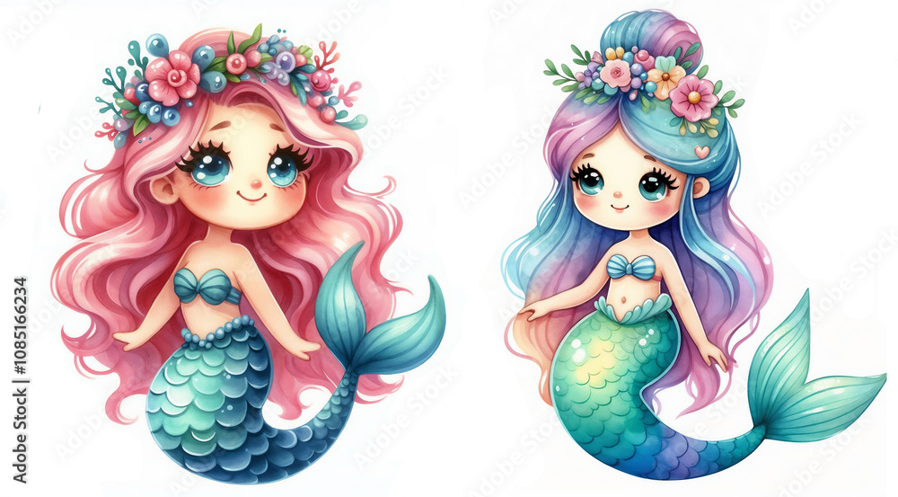 Fototapeta premium Cute cartoon mermaid set on white background. AI