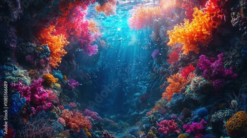 Abstract glowing shapes flow through a vibrant underwater cave filled with colorful marine life. The surreal light adds depth and mystery to the aquatic environment 
