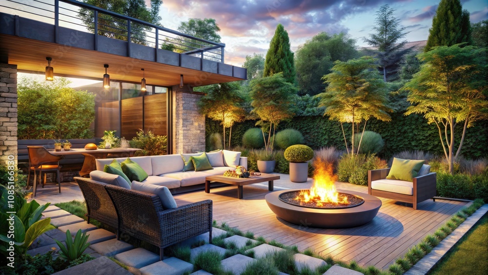 Fototapeta premium Cozy Outdoor Living Space with Fire Pit and Modern Seating Surrounded by Lush Greenery for Relaxation and Gathering
