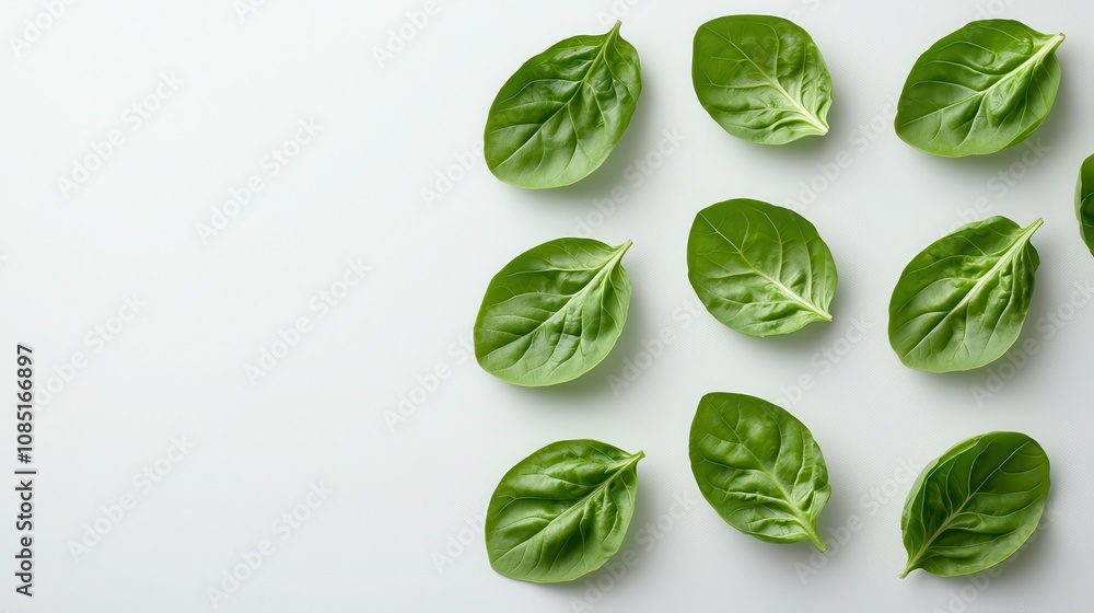 Crisp, vibrant green lettuce leaves elegantly displayed on a clean white background Crisp, vibrant green lettuce leaves elegantly displayed on a clean white background