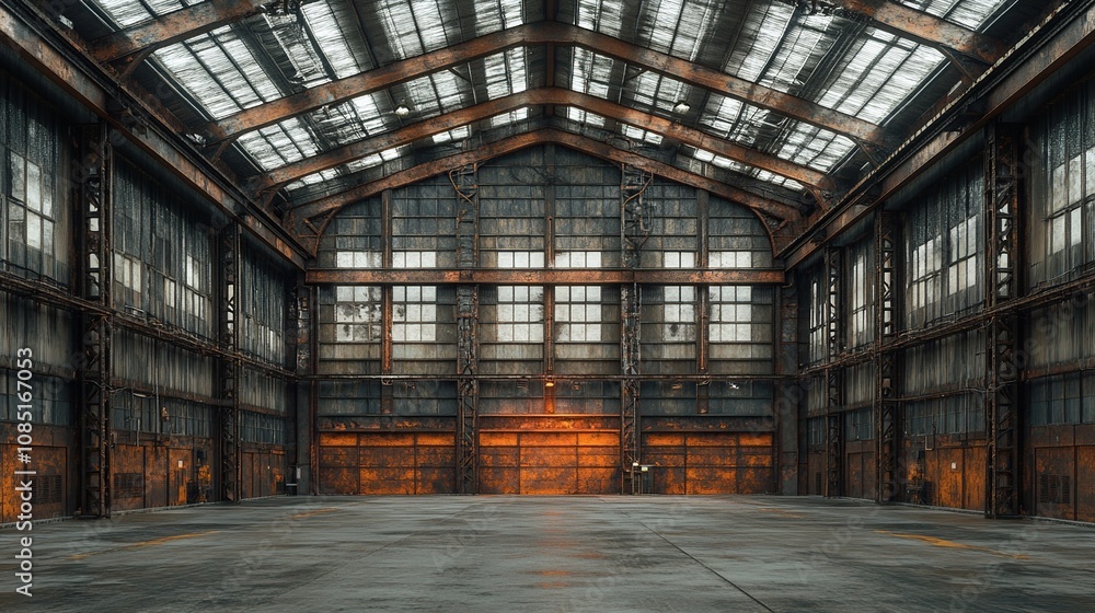 An expansive, industrial warehouse with a high ceiling and large windows, showcasing a rustic aesthetic. An expansive, industrial warehouse with a high ceiling and large windows, showcasing a rustic aesthetic.