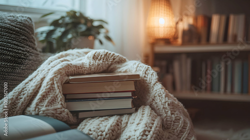 Cozy Living Room Interior with a Stack of Books and a Knit Blanket