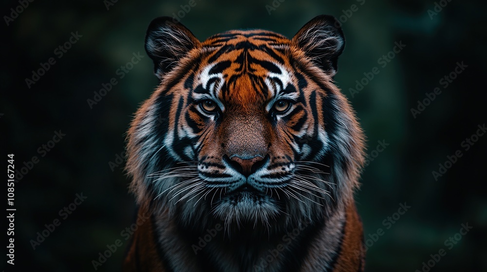 A close-up portrait of a majestic tiger with striking features and intense gaze. A close-up portrait of a majestic tiger with striking features and intense gaze.