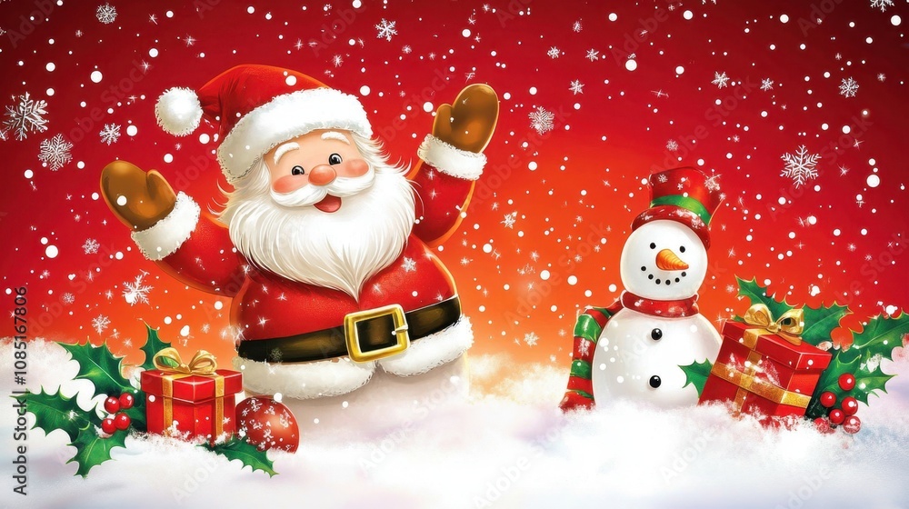 Detailed Christmas elements: Santa, baubles, gifts, snowman, and holly for greeting card and invitation designs Detailed Christmas elements: Santa, baubles, gifts, snowman, and holly for greeting card and invitation designs