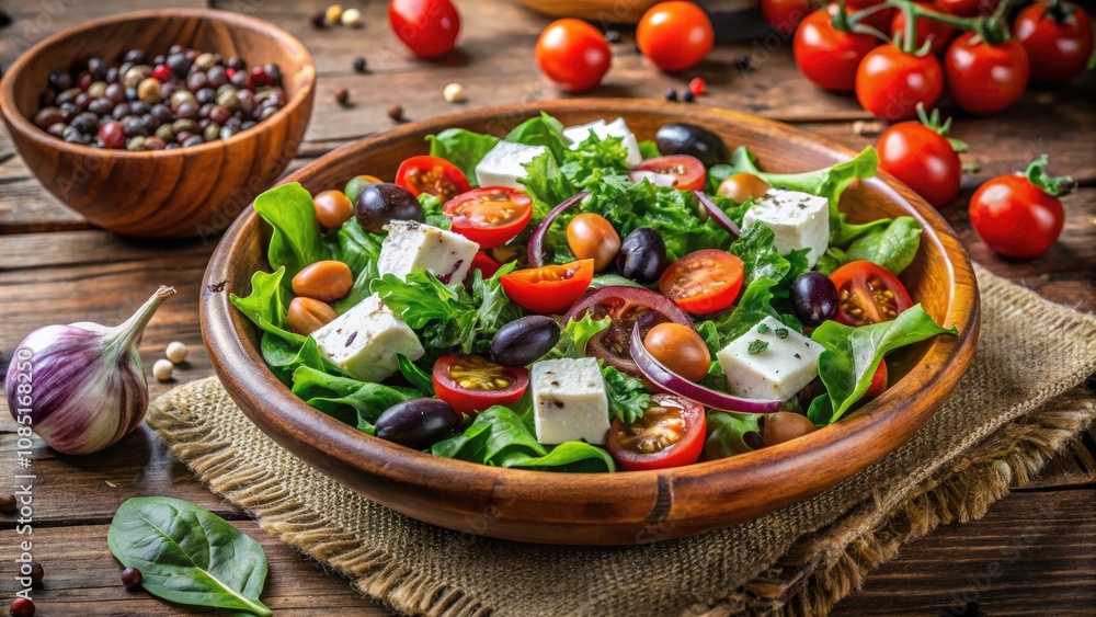 Feta Cheese Salad with Olives, Fresh Herbs, and Spices in a Panoramic View - A Colorful Mediterranean Delight for Healthy Eating and Culinary Inspiration Feta Cheese Salad with Olives, Fresh Herbs, and Spices in a Panoramic View - A Colorful Mediterranean Delight for Healthy Eating and Culinary Inspiration