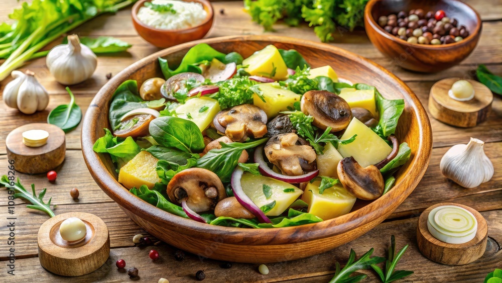 Fresh and Wholesome Salad with Mushrooms, Potatoes, and Greenery – A Colorful Culinary Delight for Healthy Eating and Vibrant Lifestyle Choices Fresh and Wholesome Salad with Mushrooms, Potatoes, and Greenery – A Colorful Culinary Delight for Healthy Eating and Vibrant Lifestyle Choices