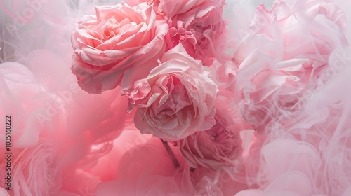 A serene composition of pink roses surrounded by soft, ethereal smoke, creating a dreamy atmosphere.