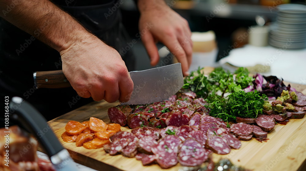 Butcher artfully preparing charcuterie boards with sliced meats and garnishes. Butcher artfully preparing charcuterie boards with sliced meats and garnishes.
