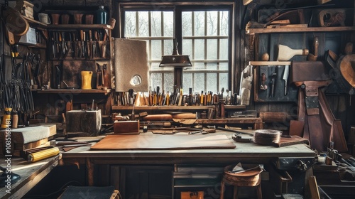 Leatherworking tools and materials arranged on a worktable in a rustic workshop, A cozy workshop with leathercraft equipment, Artistic craft style