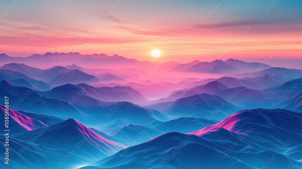 Gradient glowing waves ripple through a serene mountain valley under a pastel sunset. The abstract energy harmonizes with the calm natural beauty of the scene. A tranquil yet futuristic landscape Gradient glowing waves ripple through a serene mountain valley under a pastel sunset. The abstract energy harmonizes with the calm natural beauty of the scene. A tranquil yet futuristic landscape