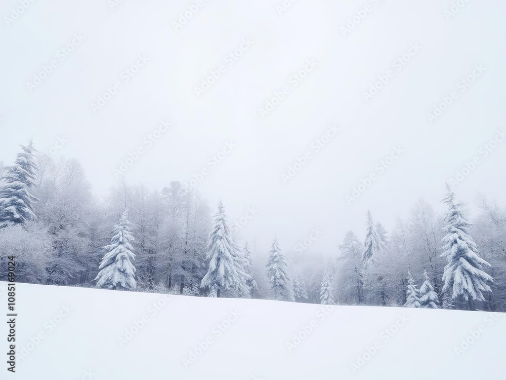 Fototapeta premium Serene winter landscape with snow-covered trees and a vast expanse of white sky, winter, serene, silence