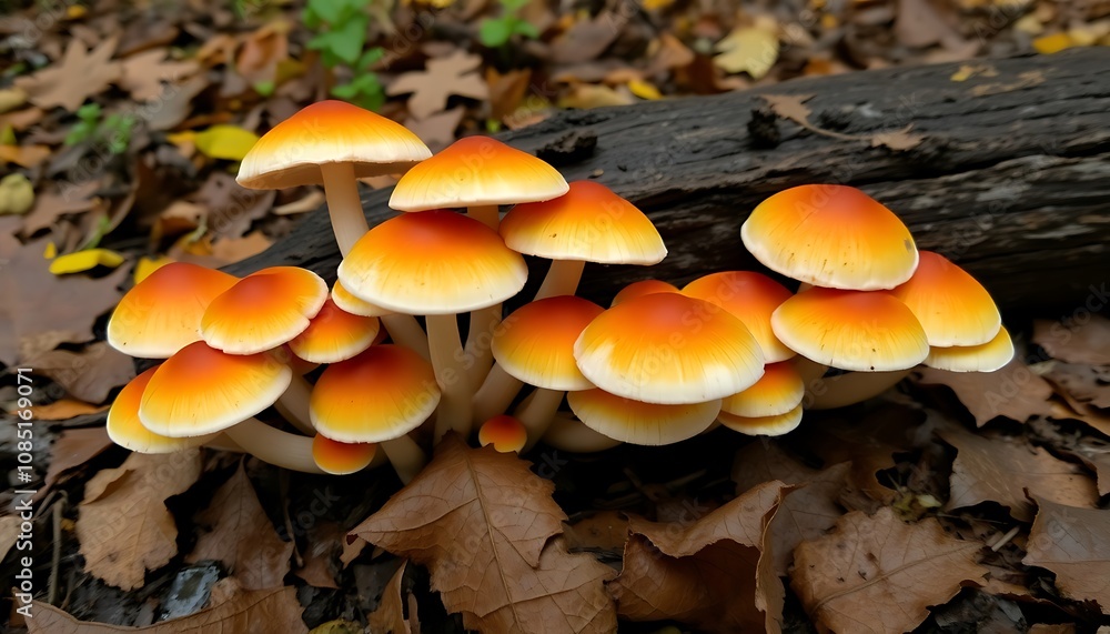 Orange Mushrooms on Autumn Leaves,