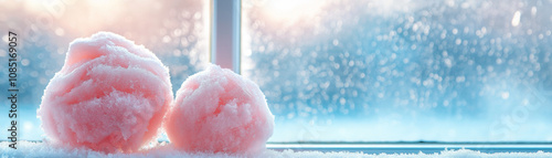 Cotton candy in front of a frosty window, capturing the essence of a chilly winter day, simple background