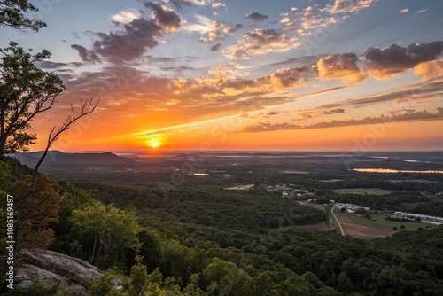 The sky is set aflame as the sun sinks slowly below the horizon, casting a warm glow over the surrounding landscape, natural, calming, atmospheric, serene